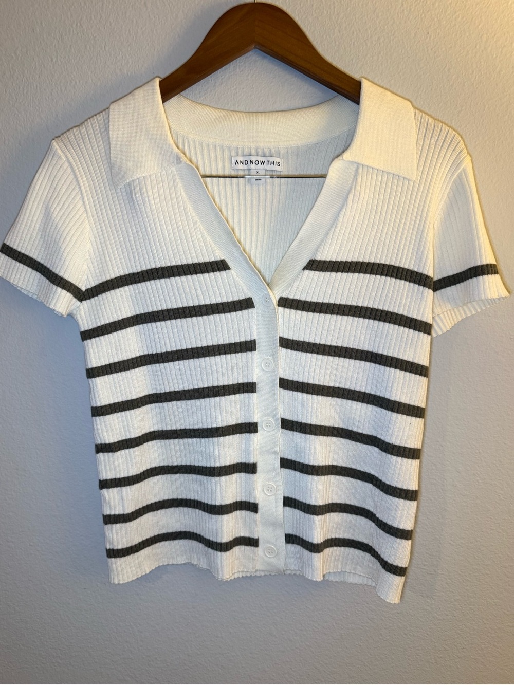 And Now This White Short-Sleeve Button-Front Polo Top with Black Stripes